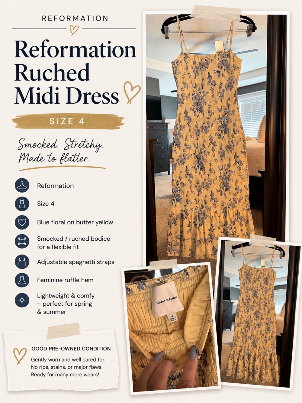Reformation Blue Floral Smocked Midi Dress | Size 4
